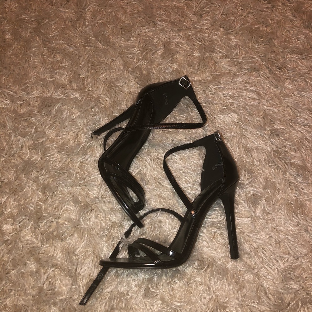 Black Faux Leather Strap Heels